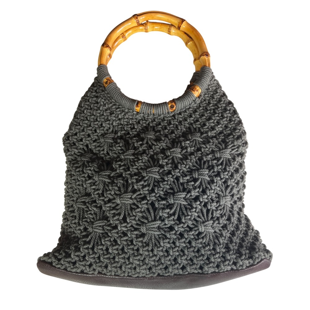 Caribbean Joe Olive Green Boho Crochet Knit Beach Travel Bucket Bag Bamboo